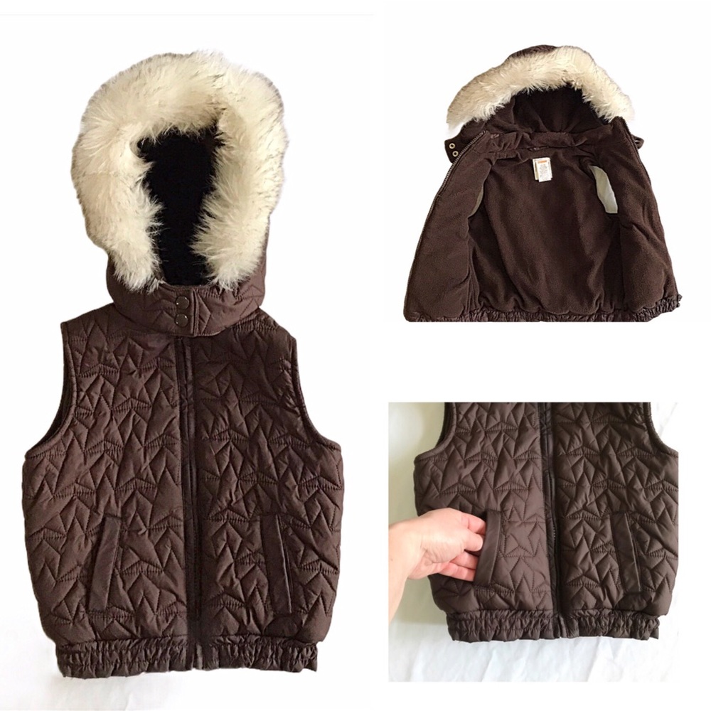 Girl’s Gymboree Puffer Vest W/ Faux Fur Hood Size 4 Brown